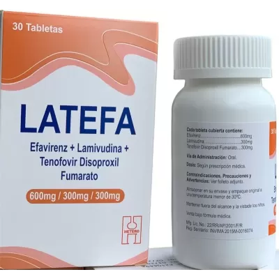 Latefa (tenofovir disoproxil, lamivudina y efavirenz) 300/300/600 mg frasco Con 30 Tabletas