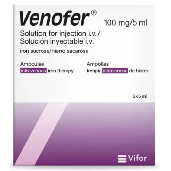 Venofer (hierro oxido sacaratado) Solucion Inyectable 100 mg Caja x 5 Amp x 5 mL